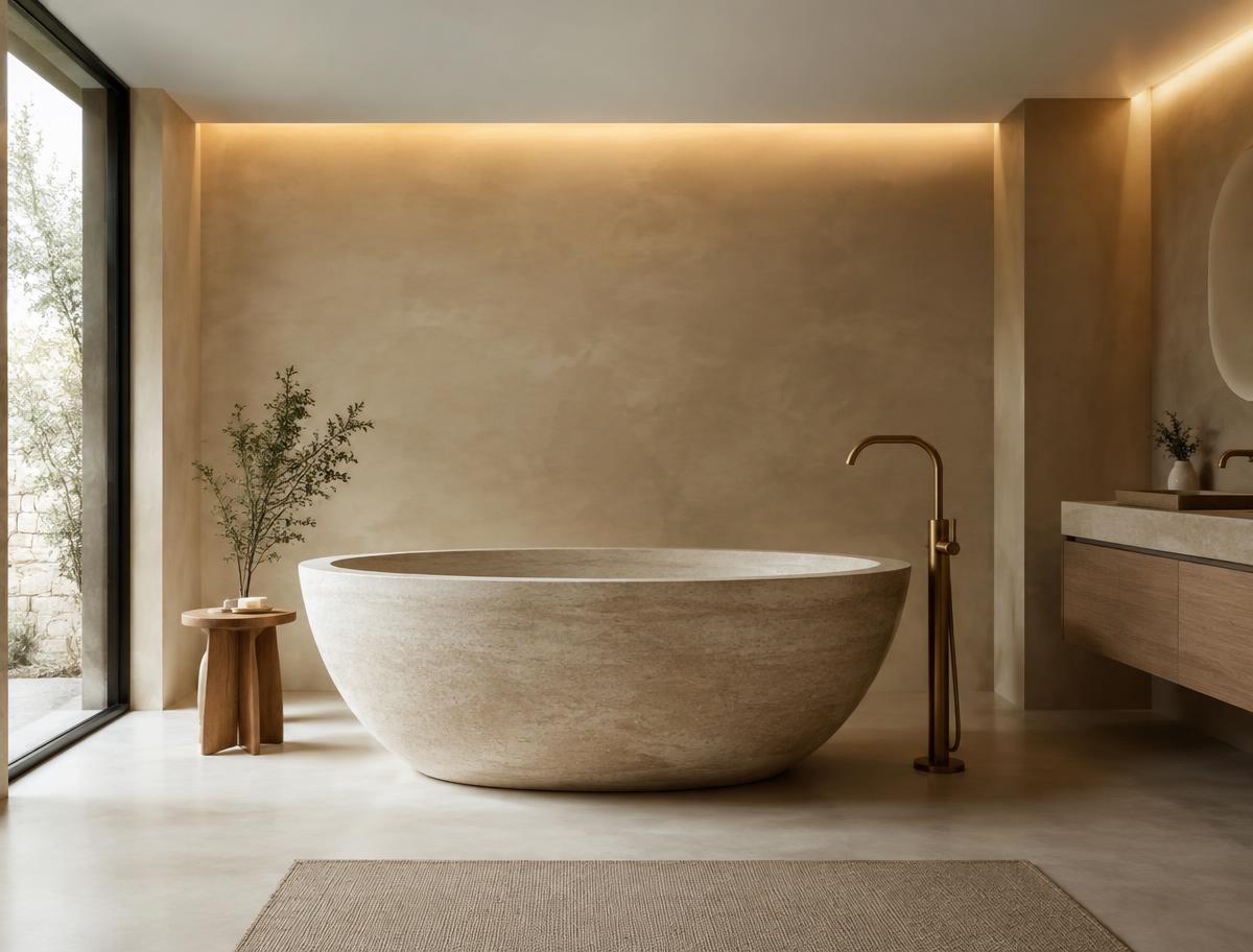 Master ensuite: Freestanding bath with brushed brass floor mixer
