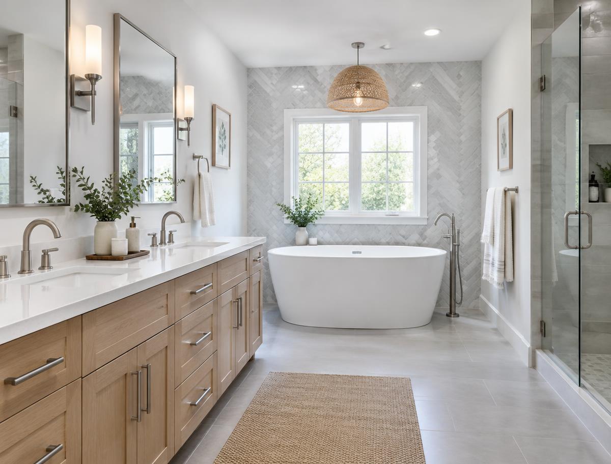 Family bathroom: Double vanity and freestanding bath
