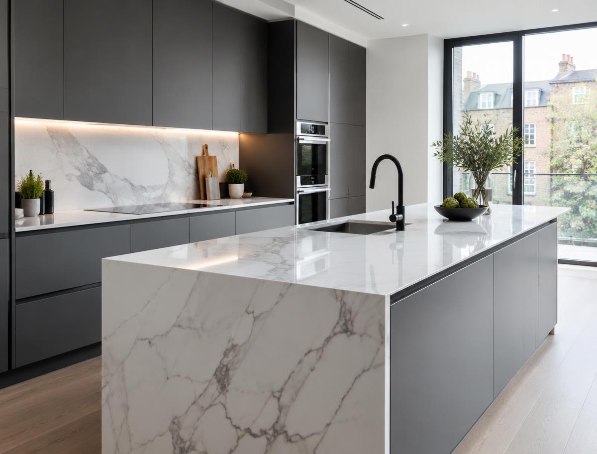 Contemporary kitchen: Island sink with boiling-water tap