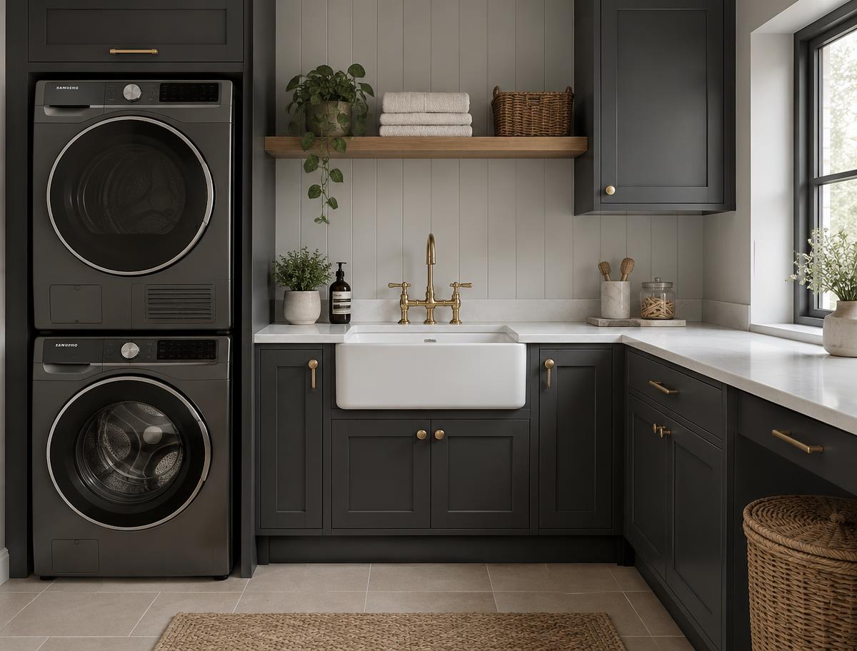 Utility & laundry: Belfast sink and plumbed-in appliances