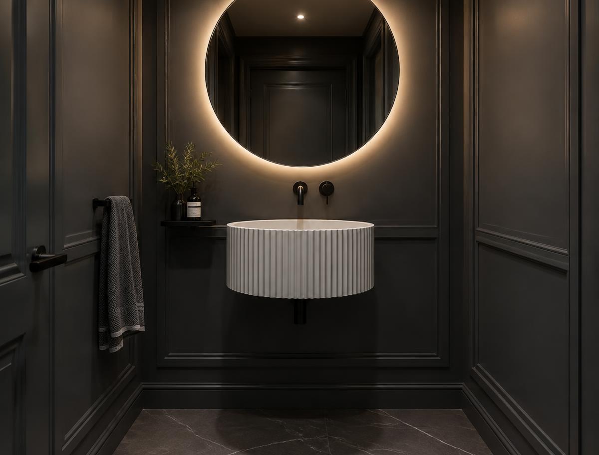 Cloakroom: Wall-hung basin with wall-mounted tap