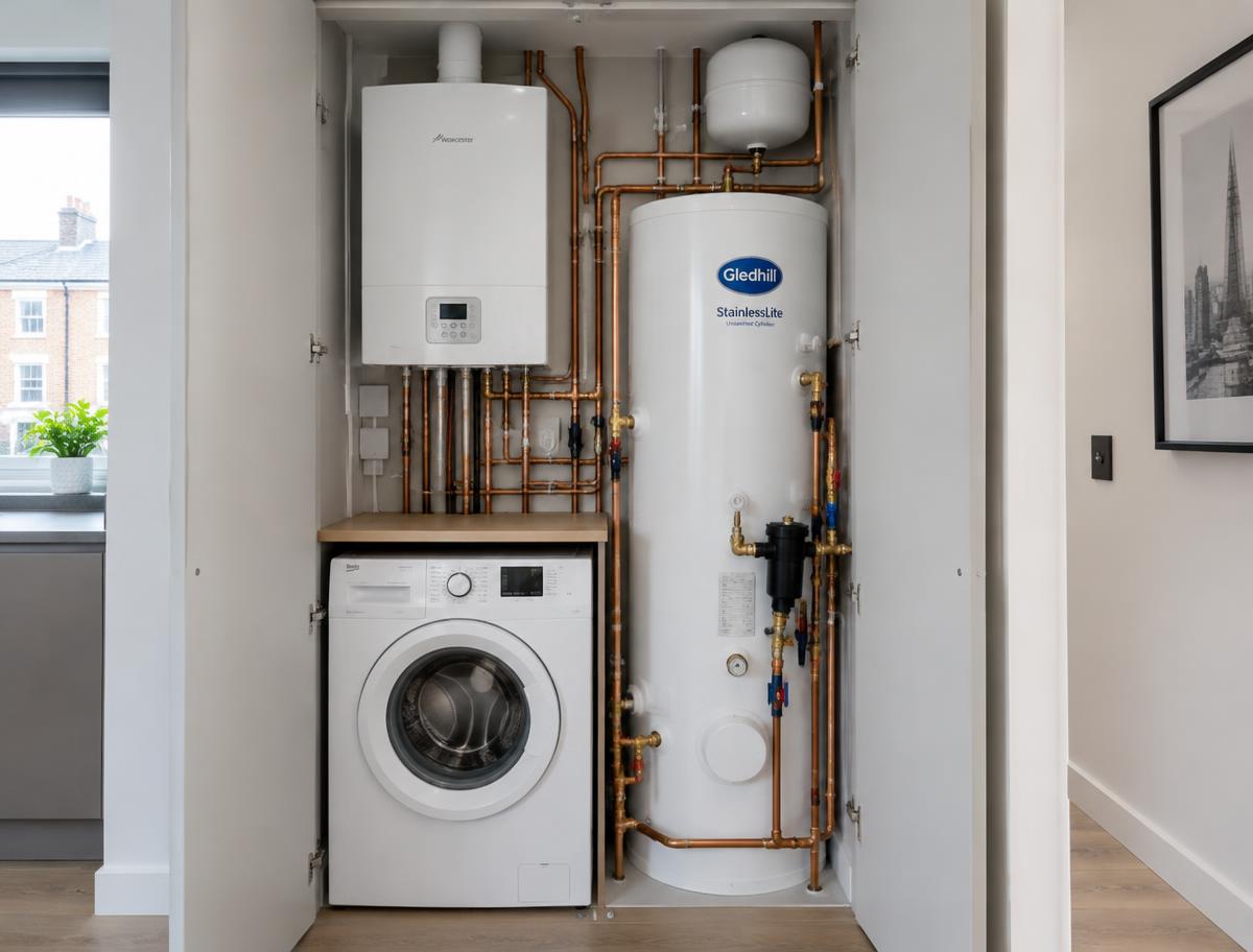Boiler & cylinder cupboard: Neat copper pipework and valves